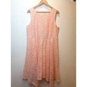 Elle Light Pink Floral Lace Stretch Dress XL Assymmetical Hem Whimsy Cottagecore